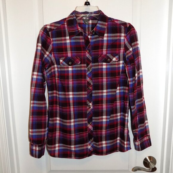EDDIE BAUER Womens Flannel Shirt Small Burgandy Pink Blue Plaid L/S LL.Bean - Picture 1 of 3